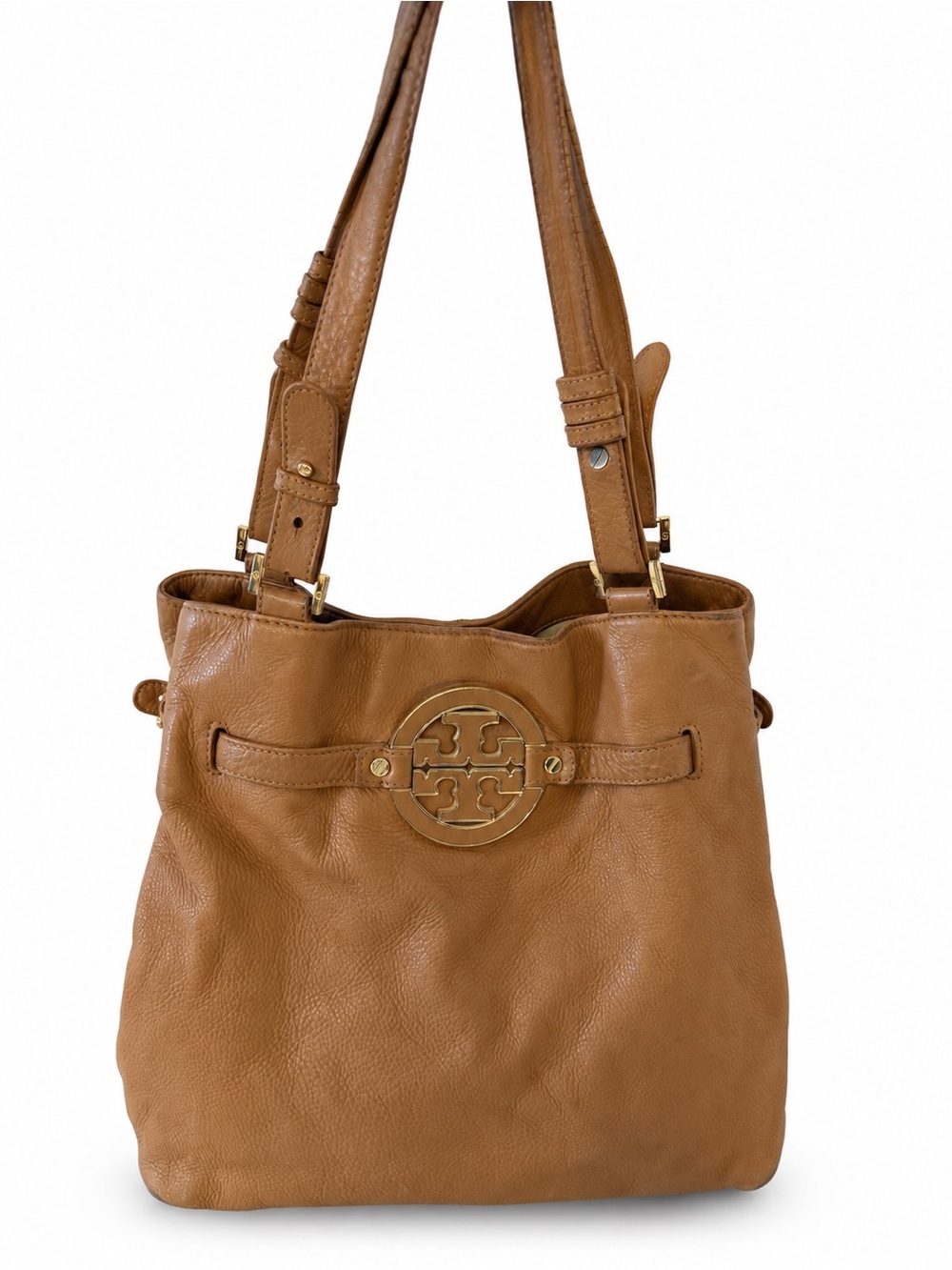 Tory Burch Amanda Pebbled Leather Tote Bag Cognac Tan Gold Logo